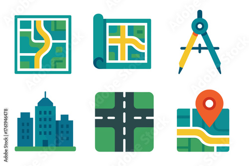 Urban Planning flat icons: city map, blueprint roll, compass tool, skyline, road layout, location pin. , , High resolution, sharp vector-like appearance, ideal for UI and web