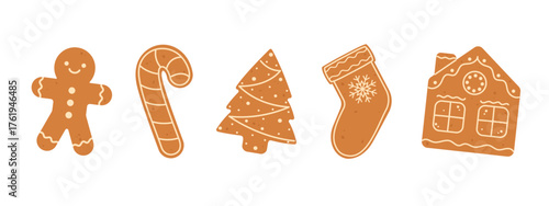 Christmas gingerbread cookies set. Winter homemade xmas sweets in shape of gingerbread man and stocking, tree and house. Flat vector isolated illustration