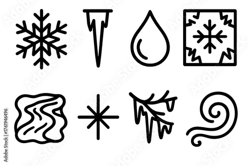 Winter Nature Frost & Ice outline icon set: crystal pattern, icicle drip, frozen droplet, frosty window, icy stream, snowflake sparkle, glassy branch, winter chill swirl.