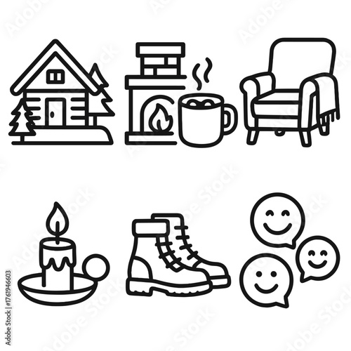 Winter Thrills — Après-ski outline icon set: lodge cabin, fireplace, mug of cocoa, cozy chair, wool blanket, candlelight, boots, laughter bubbles.