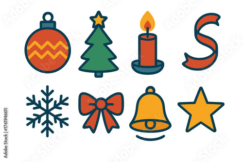 Winter Holidays Festive Spirit flat icons: ornament ball, pine tree, candlelight, ribbon, snowflake, bow tie, bell chime, glowing star. , , High resolution, sharp vector-like