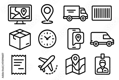 Cyber Monday Delivery Tracking outline icon set: map on screen, location marker, parcel truck, barcode strip, cardboard box, clock icon, phone notification, delivery van, paper