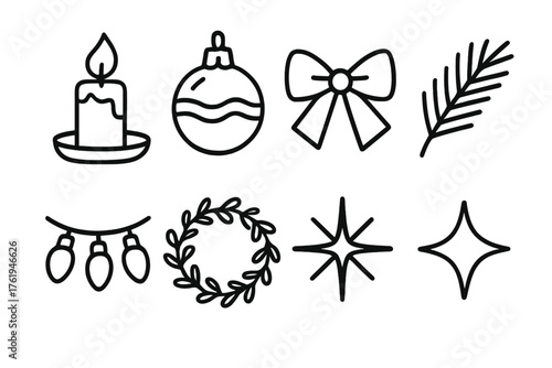 Festive Ambience outline icon set: glowing candle, ornament ball, bow, pine branch, twinkle lights, wreath, sparkle burst, star.