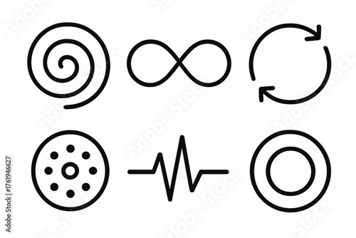 Abstract self-timer outline icon set: spiral, infinity loop, arrow circle, concentric dots, pulse line, gradient circle.