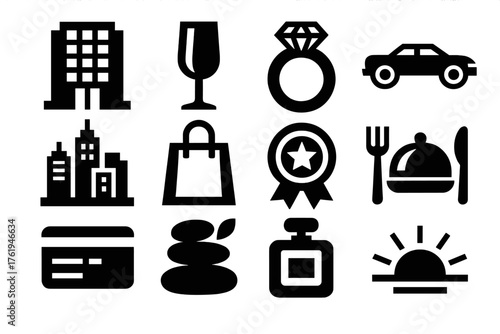 Luxury City Breaks silhouette set: hotel building, champagne glass, jewelry, limo car, skyline, shopping bag, gold badge, fine dining icon, credit card, spa stone, perfume bottle,