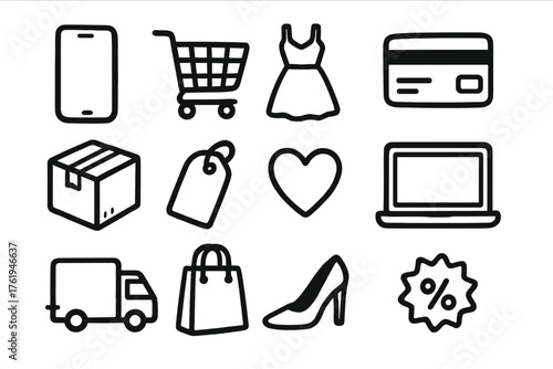 Online Boutique set of icons in doodle hand-drawn vector style: smartphone, shopping cart, dress icon, credit card, package box, tag, heart, laptop, delivery truck, gift bag, high