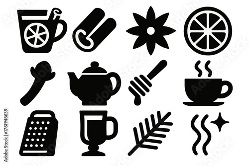 Spiced Drinks silhouette set: mulled wine, cinnamon stick, star anise, citrus slice, clove, teapot, honey dipper, steaming cup, nutmeg grater, glass mug, pine sprig, sparkle steam.