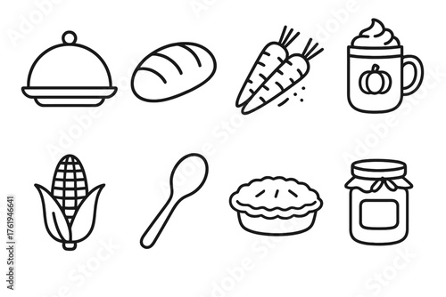 Thanksgiving Harvest outline icon set: serving platter, bread loaf, roasted carrots, pumpkin spice drink, ear of corn, wooden spoon, pie tin, jam jar. , , High resolution, sharp