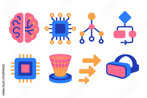 Digital Neuroplasticity flat icons: AI brain, circuit board, network nodes, algorithm flow, CPU chip, hologram, data arrows, VR headset.