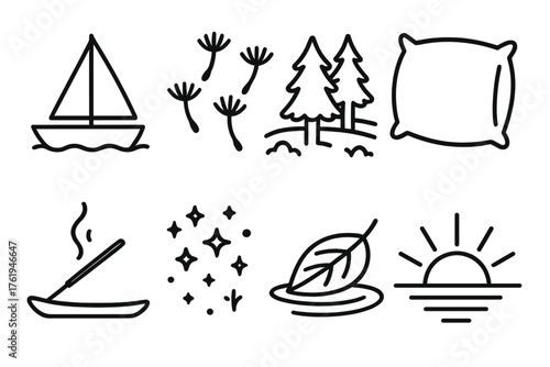 Tranquility outline icon set: sailboat, dandelion seeds, forest clearing, soft pillow, incense stick, star cluster, leaf on water, sunrise.