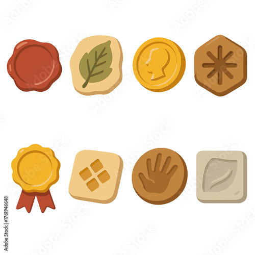 Impression set icons in modern isometric flat vector style: wax stamp, pressed leaf, coin imprint, carved symbol, seal with ribbon, pattern mark, clay handprint, emboss.