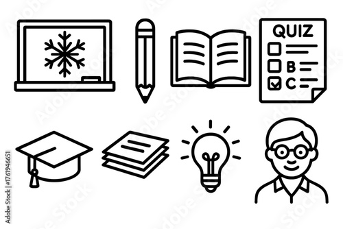 Winter Quiz Classroom Fun outline icon set: chalkboard with snowflake, pencil, open book, quiz paper, student cap, stack of notes, lightbulb idea, smiling teacher.