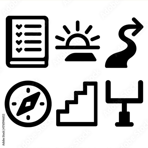 New Year Goals silhouette set: planner, sunrise, path forward, compass, stairs, goalpost.