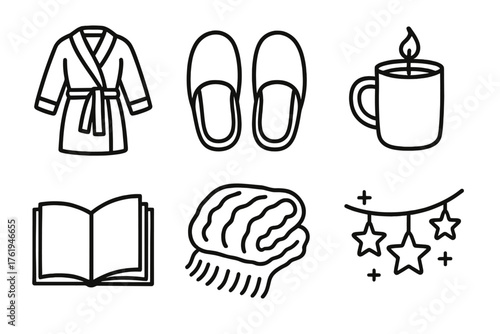 Winter Indulgence — Relaxed moments outline icon set: bathrobe, slippers, hot drink, scented candle, open book, fluffy blanket, couch, twinkling light.