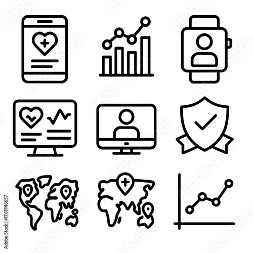 HealthTech Pitch Decks outline icon set: medical app mockup, patient outcome chart, telehealth feature slide, wearable integration icon, care analytics dashboard, healthcare market