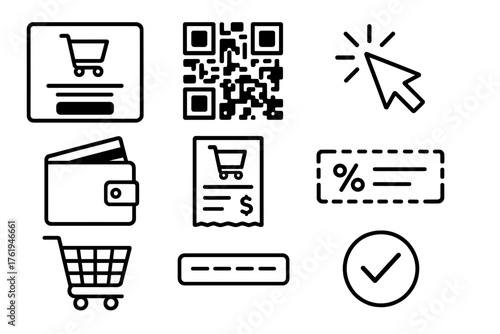 Cyber Monday Virtual Checkout outline icon set: checkout page screen, QR code, mouse cursor click, online wallet, order summary, discount code box, shopping cart icon, transaction
