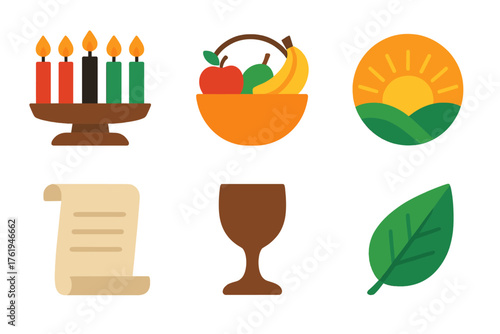 Kwanzaa Reflection flat icons: kinara with seven candles, fruit basket, scroll, unity cup, sunrise, leaf.