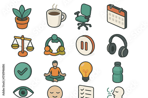 Workplace Mindfulness set icons in modern isometric flat vector style: desk plant, coffee cup, ergonomic chair, calendar, balanced scale, teamwork circle, pause button, headphones,