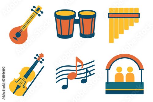 Traditional Music flat icons: sitar, bongo drums, pan flute, violin, melody line, performance stage. , , High resolution, sharp vector-like appearance, ideal for UI and web design.
