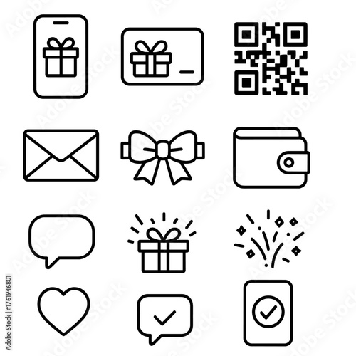E-Gifting outline icon set: smartphone, virtual card, QR code, send button, email icon, digital ribbon, wallet app, heart emoji, message bubble, gift animation, confetti burst,
