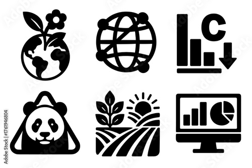 Climate and Biodiversity silhouette set: earth with flora icon, global ecosystem network, carbon balance chart, reforestation badge, endangered species symbol, sustainable