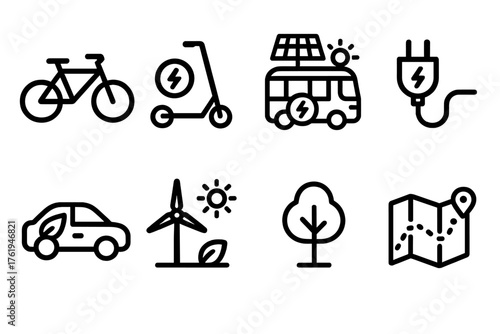 Sustainable Mobility outline icon set: e-bike, electric scooter, solar-powered bus, charging plug, eco car, renewable energy, tree symbol, route map. , , High resolution, sharp