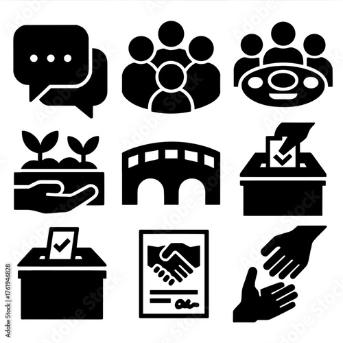 Community Fairness silhouette set: open dialogue bubbles, group circle, shared meal, community garden, voting box, bridge, agreement paper, helping hand.
