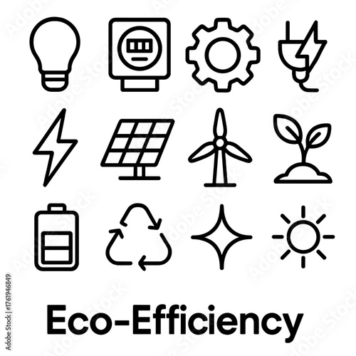 Eco Efficiency outline icon set: LED light, energy meter, gear, plug, lightning bolt, solar panel, windmill, plant sprout, battery charge, recycle symbol, spark, sunbeam. , , High