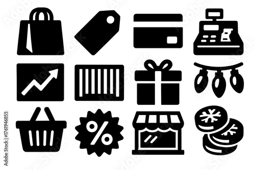 Cold Season Economy – Retail Spending silhouette set: shopping bag, sale tag, credit card, cash register, price chart, barcode, wrapped gift, holiday lights, customer basket,