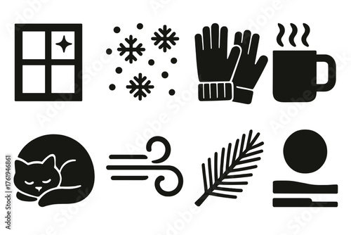 Winter Mood silhouette set: glowing window, snowfall, warm gloves, tea mug, resting cat, gentle breeze, pine sprig, tranquil evening.