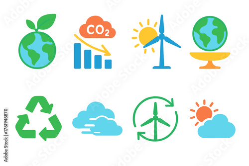Zero Carbon Future flat icons: globe with leaf, CO2 reduction chart, renewable icons, solar energy, wind power, balanced earth, recycling arrows, air purity. , , High resolution,