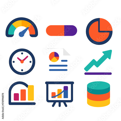 Performance Metrics flat icons: KPI gauge, progress bar, pie slice, growth arrow, clock icon, report file, analytics board, data stack.