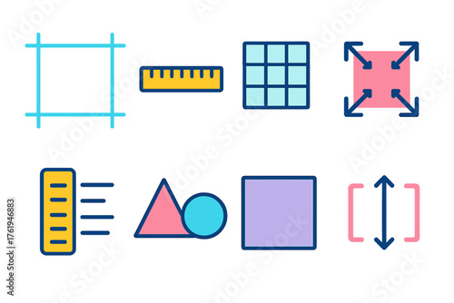 Layout Tools flat icons: margin guides, ruler, grid lines, resize arrows, alignment tool, shapes, frame, spacing icon.