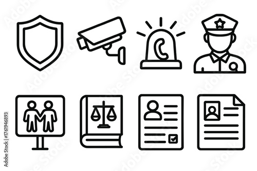 Public Safety outline icon set: shield emblem, security camera, emergency phone, warning light, police officer, community sign, law code, report sheet.