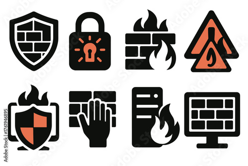 Firewall Protection silhouette set: shield and bricks, glowing lock, network barrier, warning symbol, cyber defense, firewall screen, data stop icon, server tower. , , High