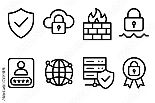 Cloud Security outline icon set: shield icon, cloud lock, firewall symbol, data encryption, user authentication, network protection, secure server, privacy badge.