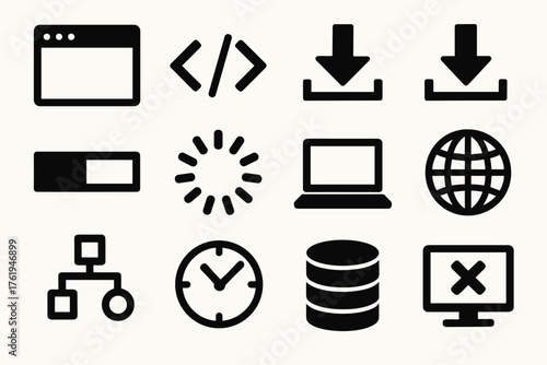 Web latency silhouette set: browser window, code brackets, upload arrow, download arrow, progress bar, spinning loader, laptop, globe, flowchart, clock, database stack, error