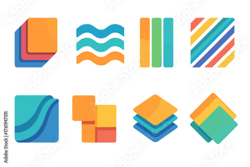 Layering flat icons: stacked shapes, overlapping papers, wave pattern, gradient bars, lines, fabric folds, tiles, layers.