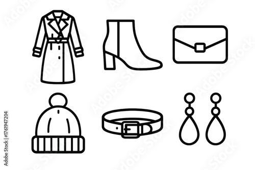 Chic Coldwear outline icon set: trench coat, ankle boots, clutch bag, wool hat, belt, earrings.