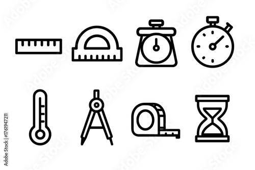Basic Metrics outline icon set: ruler, protractor, scale, stopwatch, thermometer, compass, tape measure, hourglass.