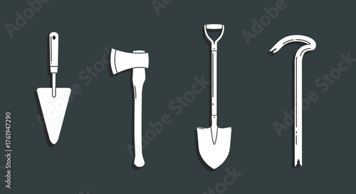 Essential Tools Trowel, Axe, Shovel, and Crowbar Illustration