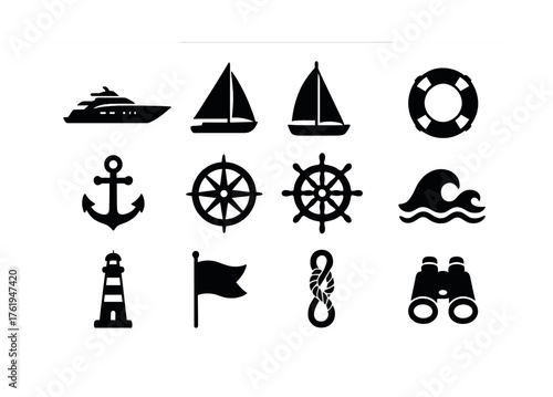 Nautical icons: yacht, sailboats, lifebuoy, anchor, helm, waves, lighthouse, flag, knot, binoculars