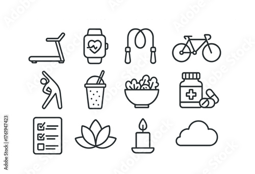 Health and fitness icons: treadmill, smartwatch, jump rope, salad, yoga, candle