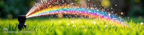 Rainbow Water Sprinkler Arc Over Lush Green Lawn Cheerful Summer Scene