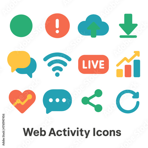 Web Activity Indicators flat icons: online status dot, notification alert, upload cloud, download arrow, message thread, connection signal, live stream badge, analytics chart,