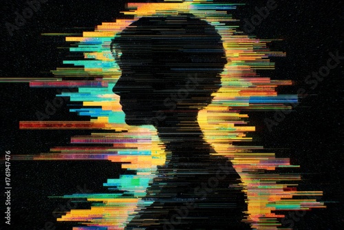 Silhouette profile of a person against a dark background disrupted by bright horizontal digital color bands.