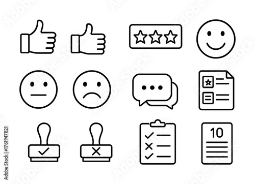 Feedback icons set: thumbs up, stars, smiley, stamp, checklist