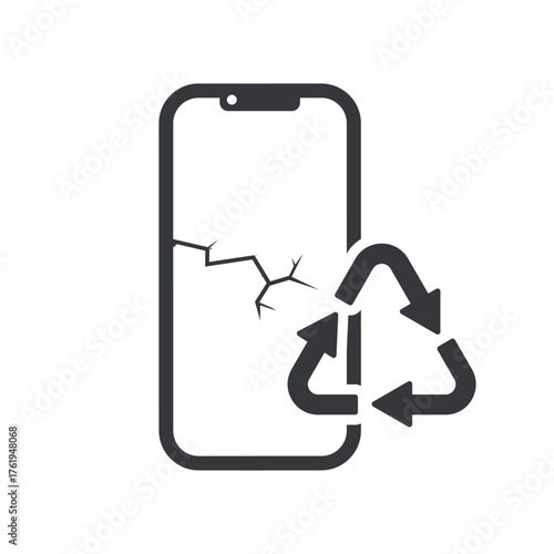 Isolated outline pictogram damage cracked phone with recycle icon