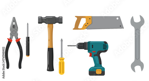 Essential Hand Tools Pliers, Hammer, Screwdrivers, Drill, Saw and Wrench Isolated on White