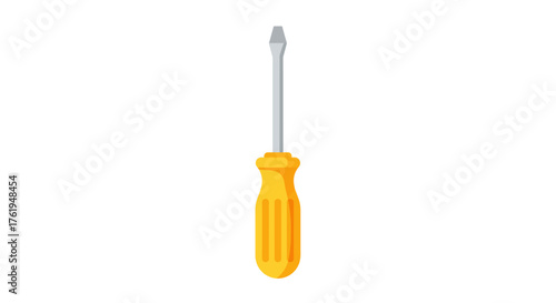 Isolated flat-head screwdriver with yellow handle on white background